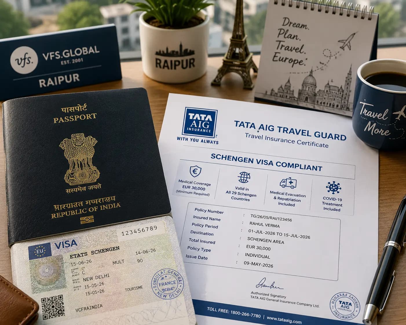 A passport with a Schengen visa sticker and TATA AIG travel insurance certificate, on a desk in Raipur.
