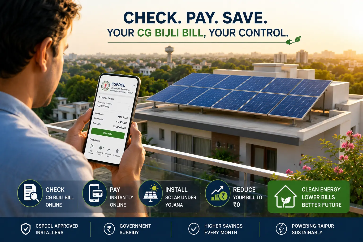 A homeowner in Raipur checking their CSPDCL electricity bill on a phone with solar panels in the background.