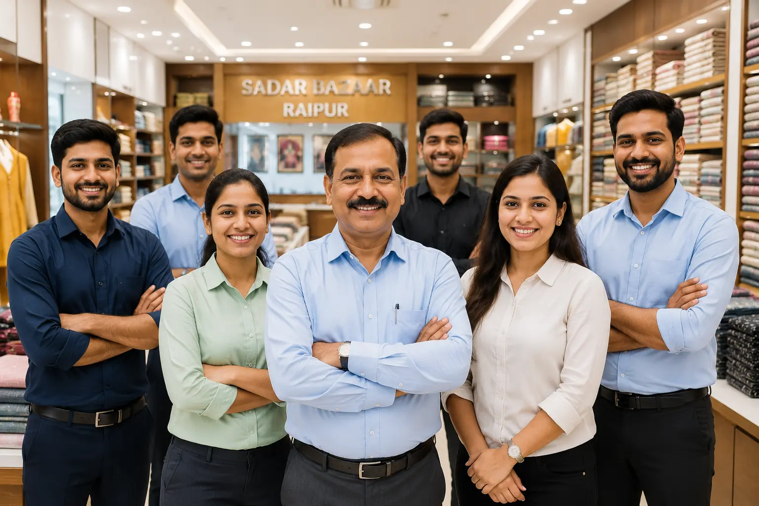 A group of happy employees in a Raipur retail shop, representing a healthy and insured workforce.