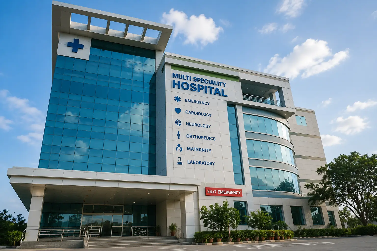 A modern hospital building in Raipur representing the TATA AIG cashless network.