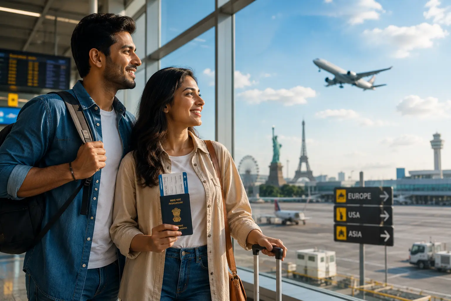 A passport, airplane ticket from Raipur, and sunglasses on a white table, representing international travel planning.