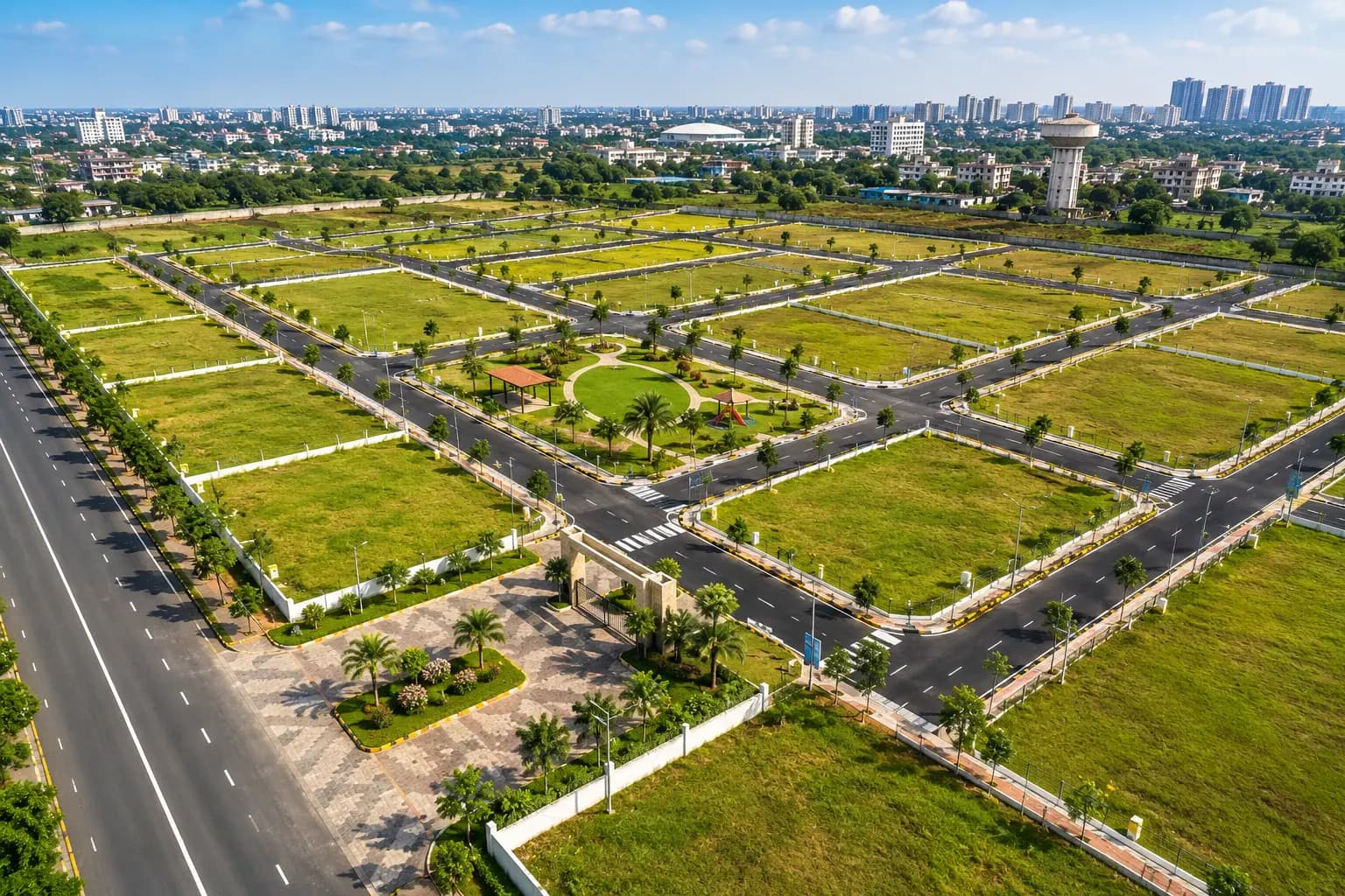 Aerial view of a RERA-approved residential layout on Vidhan Sabha Road, Raipur.