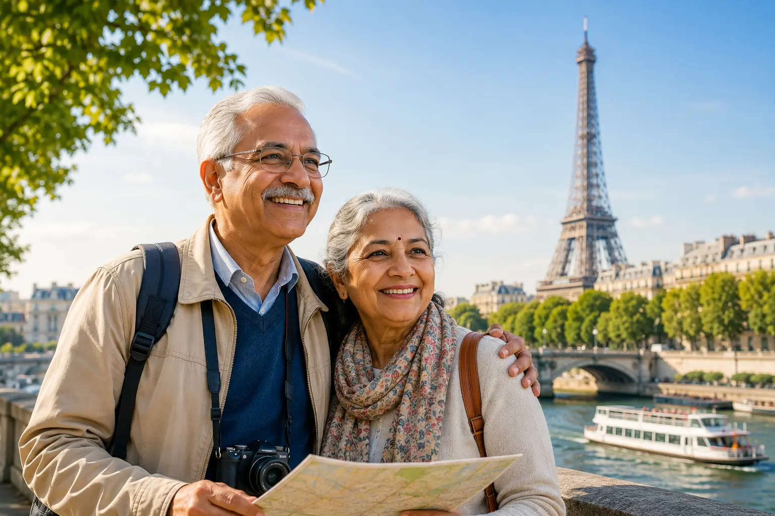 An elderly Indian couple standing safely and happily in front of a European landmark.