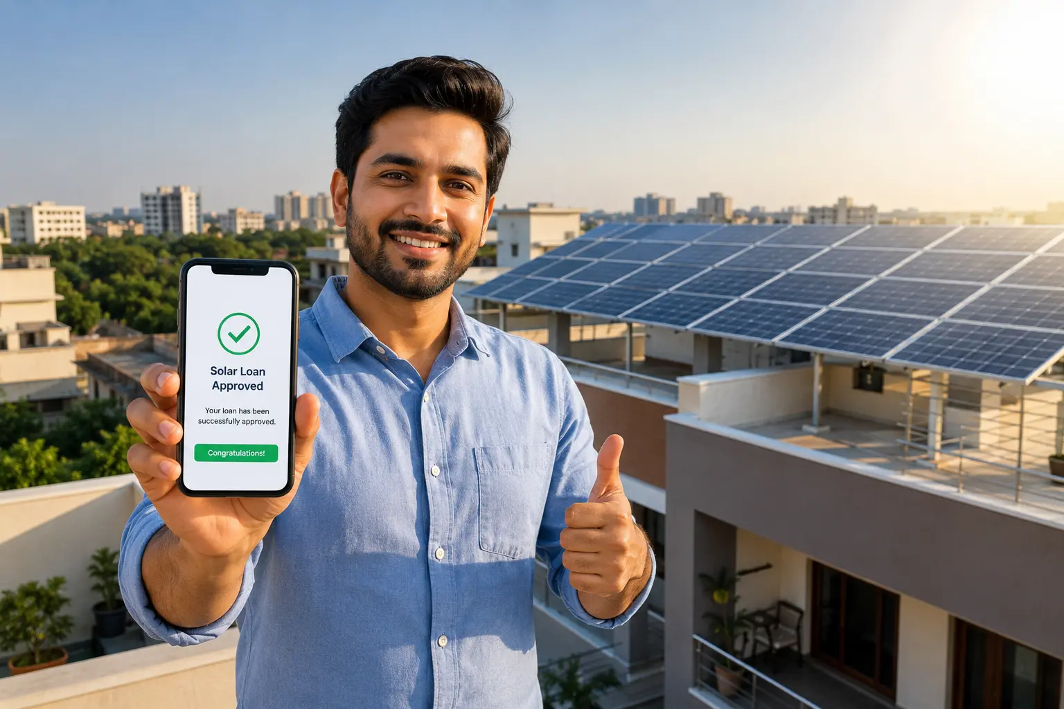 A customer signing a solar loan agreement at a bank in Raipur with solar panels in the background.