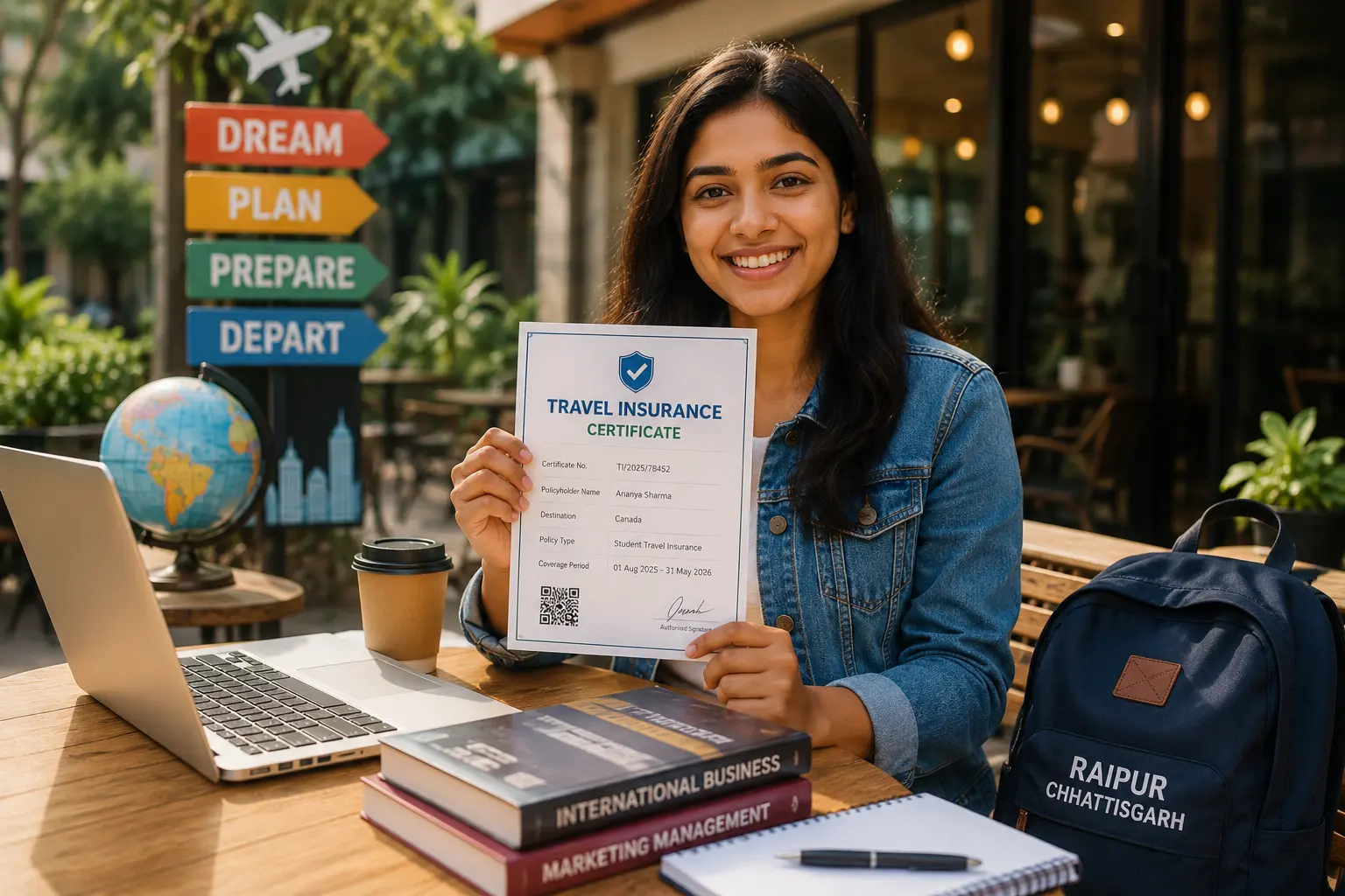 A young Indian student from Raipur holding an insurance certificate and looking excited about studying abroad.