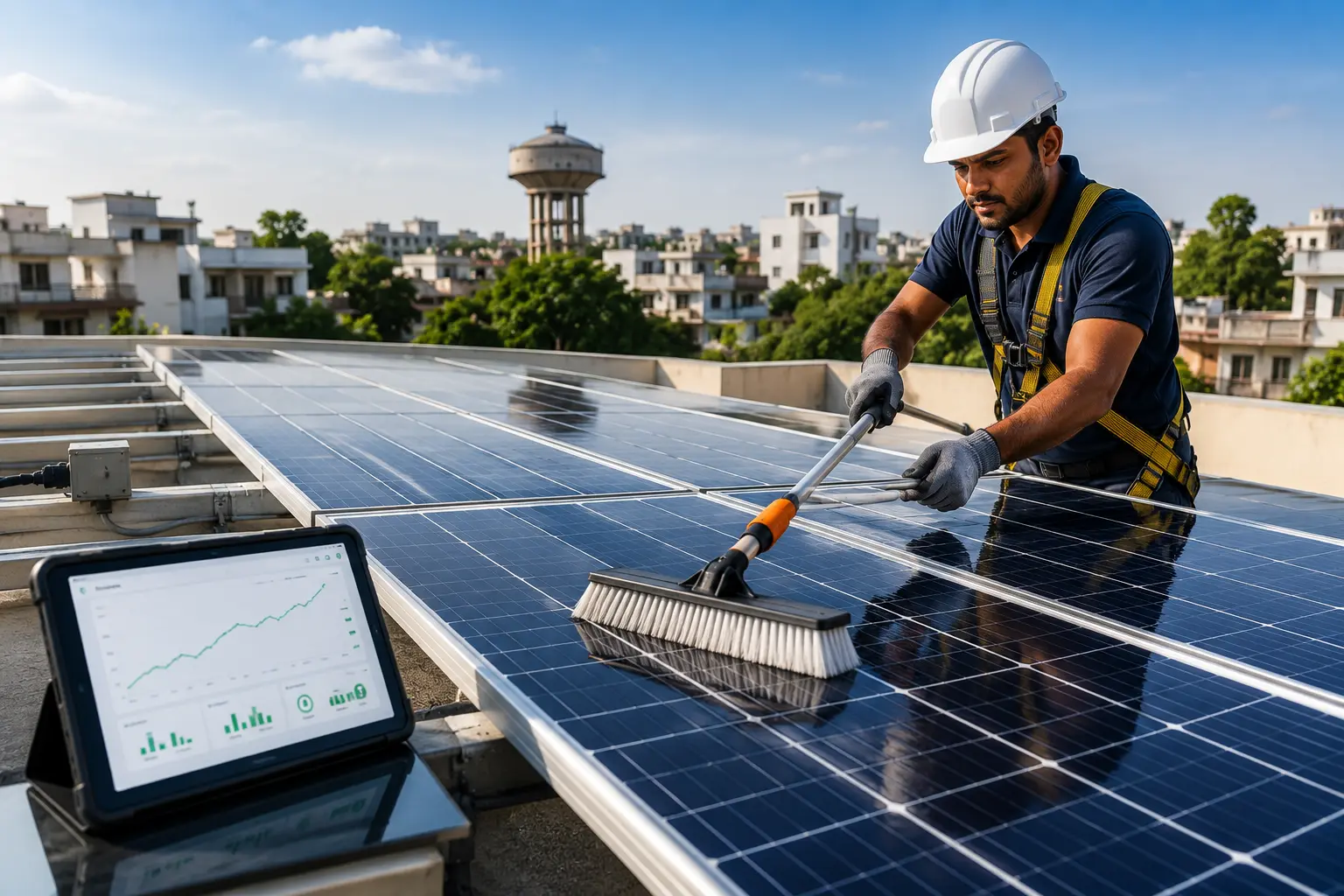 Professional solar panel cleaning service being performed on a Raipur residential rooftop.