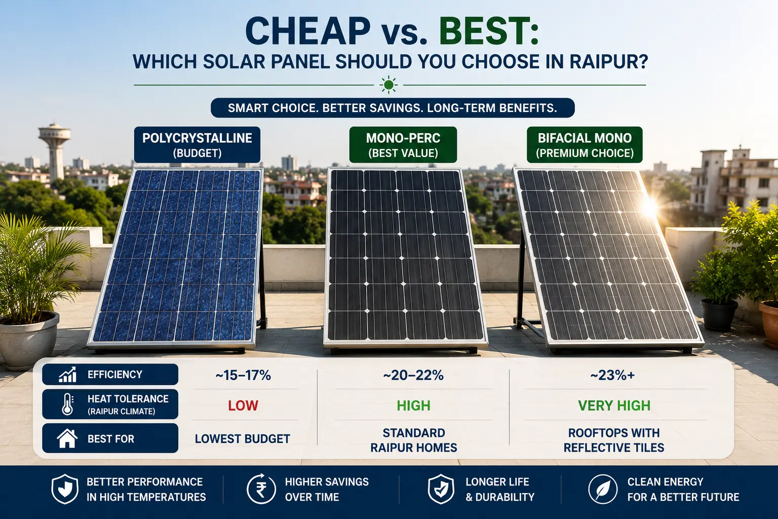 Comparison of Mono-PERC and Bifacial solar panels on a Raipur residential rooftop.