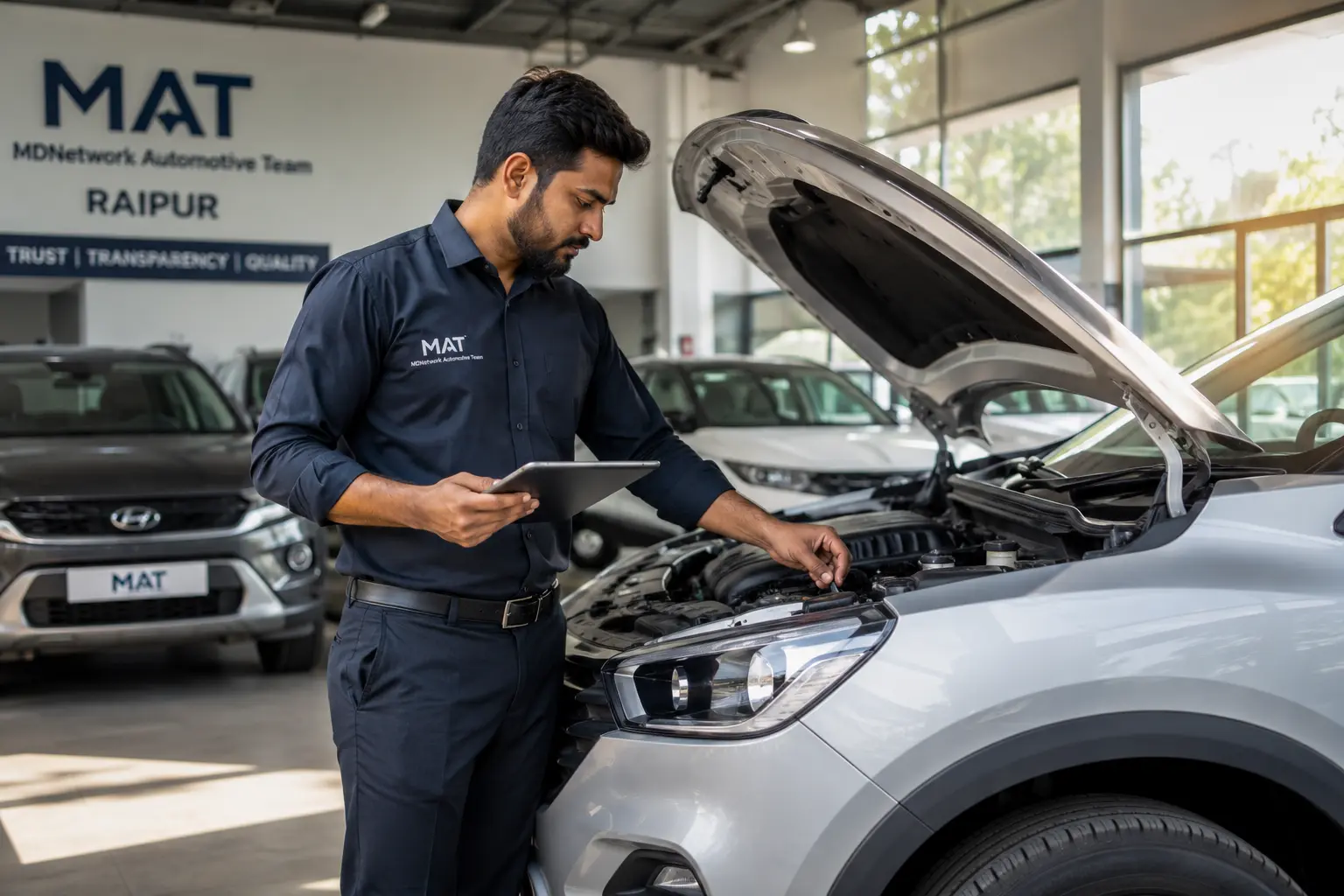 Used car inspection process in Raipur, Chhattisgarh.